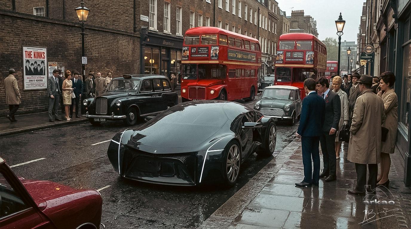 Car futuriste dans Londres des années 60